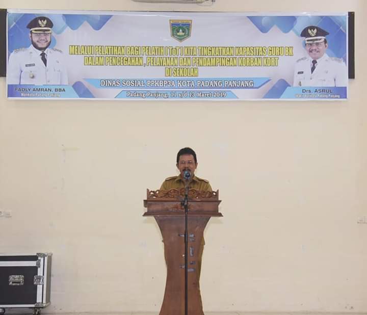 Wakil Wali Kota Padang Panjang Asrul memberi sambutan ketika Sosialisasi Pengembangan Kota Layak Anak 